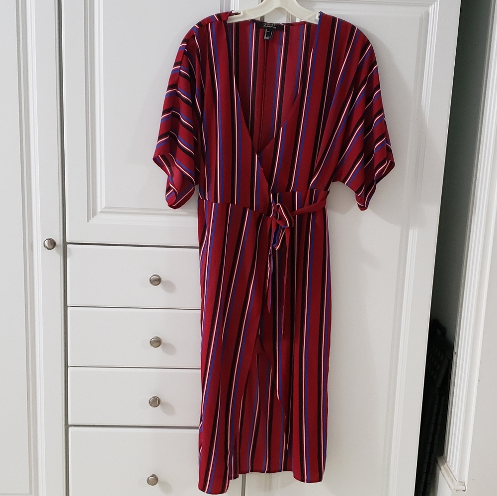 Red striped wrap kimono dress